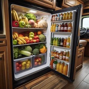RV stocked with fresh produce and beverages