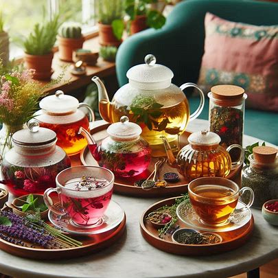 colorful functional tea blends in glass teapots