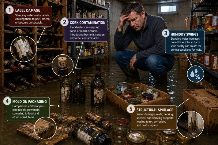flooded food and wine storage basement